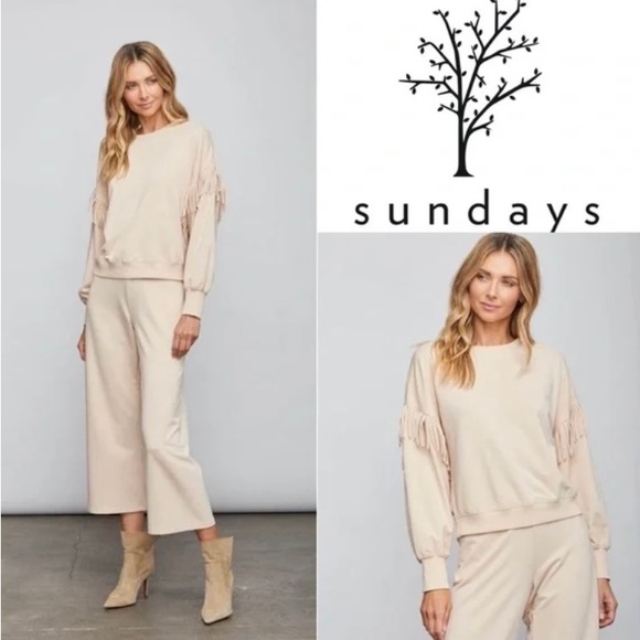 sundays Tops - Sundays “Jane” Fringe Trimmed Sweatshirt In Ivory Smoke- 3 (Large)